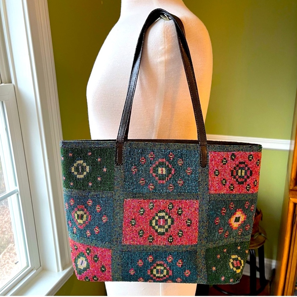 Fendi Rare Vintage Glass Bead Leather Trimmed Tote Bag